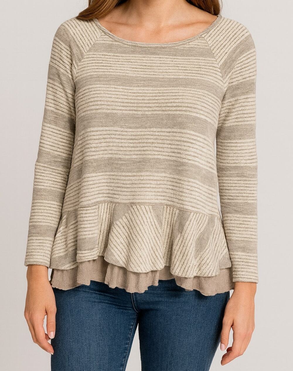 Doe & Rae Small Peplum Top Gray Stripe